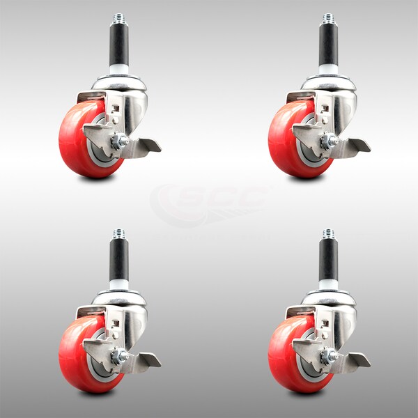 Service Caster 3.5 Inch 316SS Red Poly Swivel 7/8 Inch Expanding Stem Caster Set Brake SCC SCC-SS316EX20S3514-PPUB-RED-TLB-78-4 - main